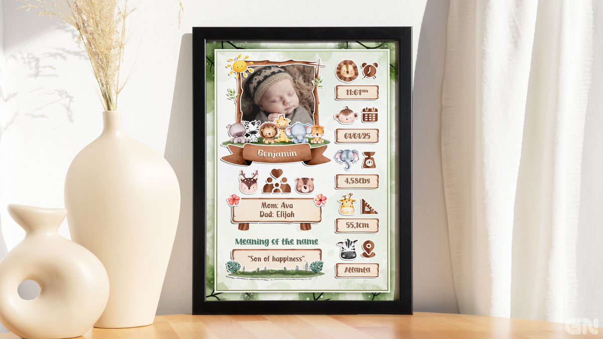 Personalised Newborn Baby Frame – Safari Jungle Friends