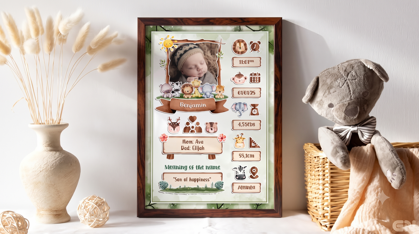 Personalised Newborn Baby Frame – Safari Jungle Friends