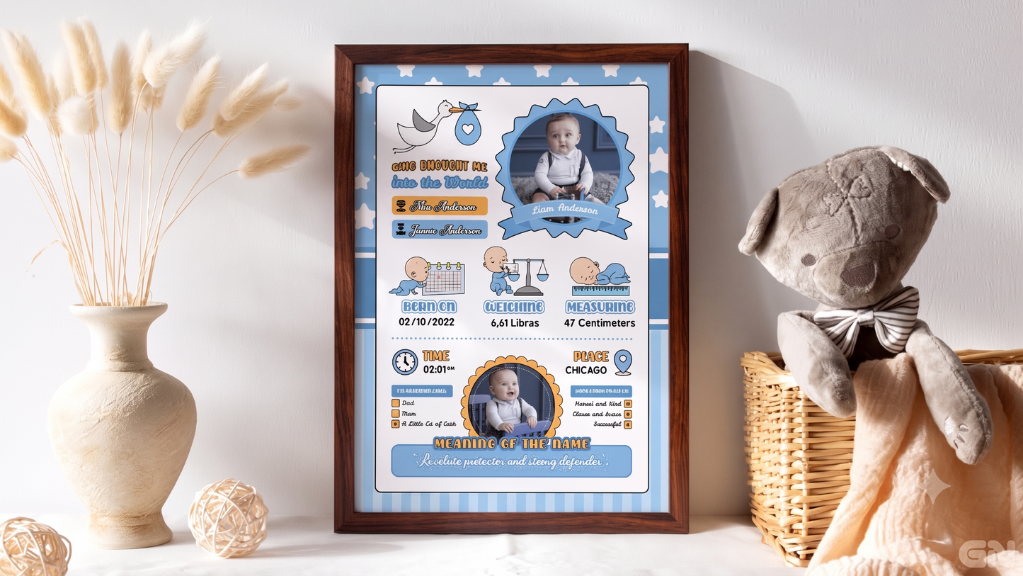 Personalised Newborn Baby Frame – Blue Stork & Stars