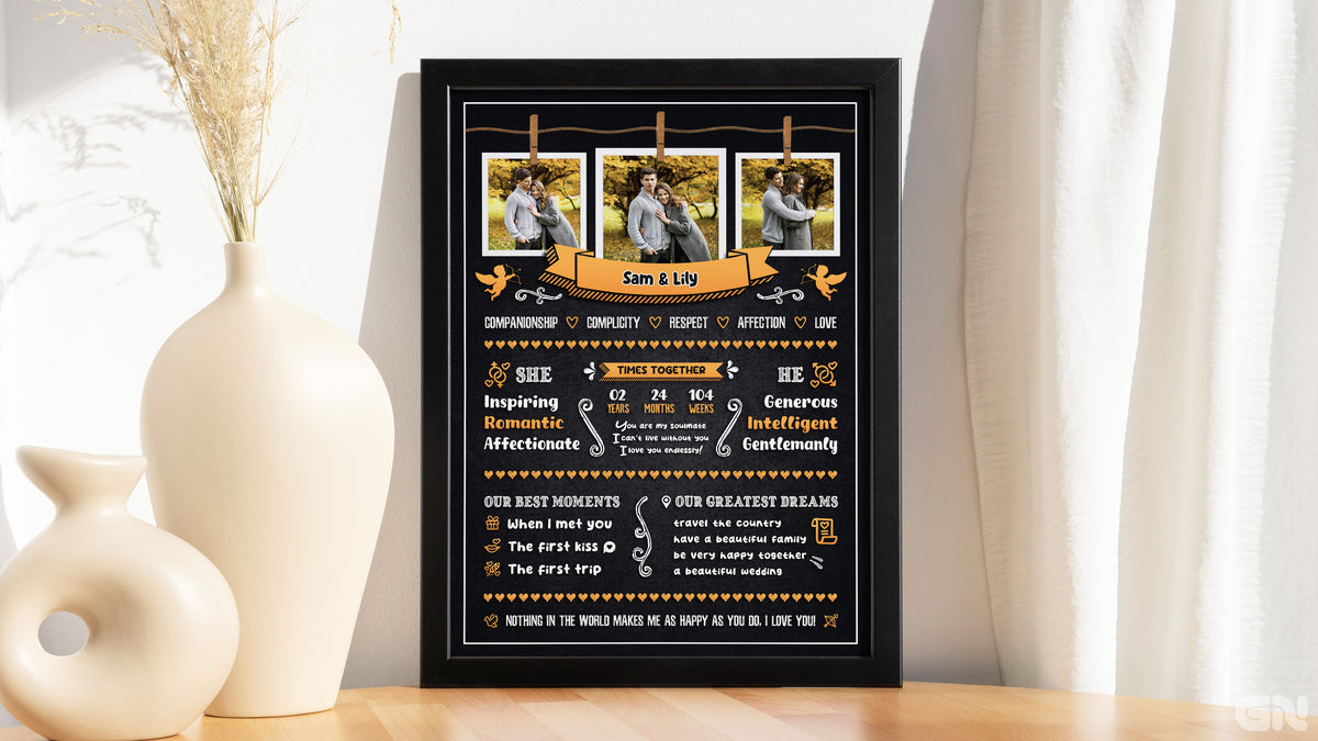 Personalised Couple Love Story Frame – Clothesline Polaroids & Chalkboard Infographic