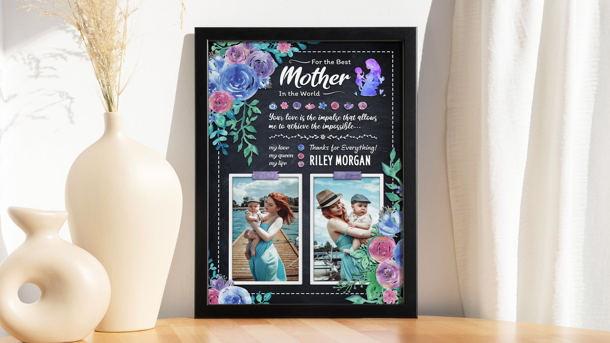 Personalised Mother's Day Frame – Blue Rose Chalkboard & Dual Moments