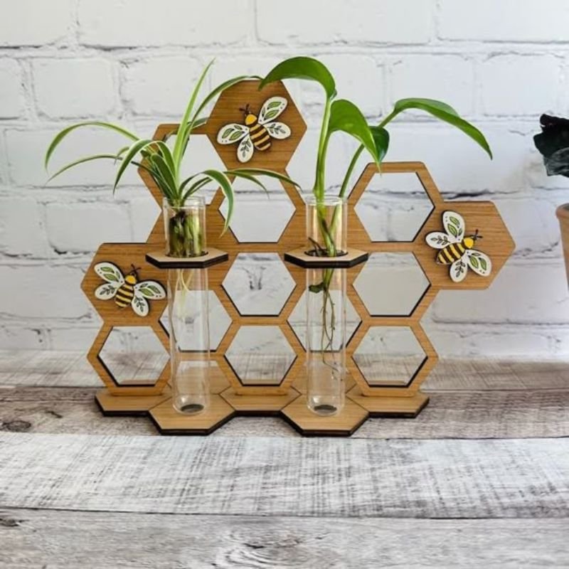 Decorative Wooden Vase Modern Flower Vase Flask Stand Propagation Station Honeycomb Shaped - 11CT0003