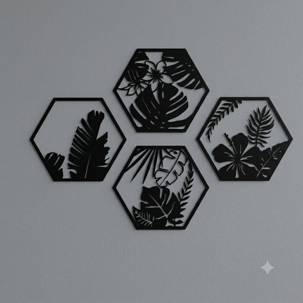 Tropical Botanical Leaves Hexagon 4-Piece Wall Hanging Set