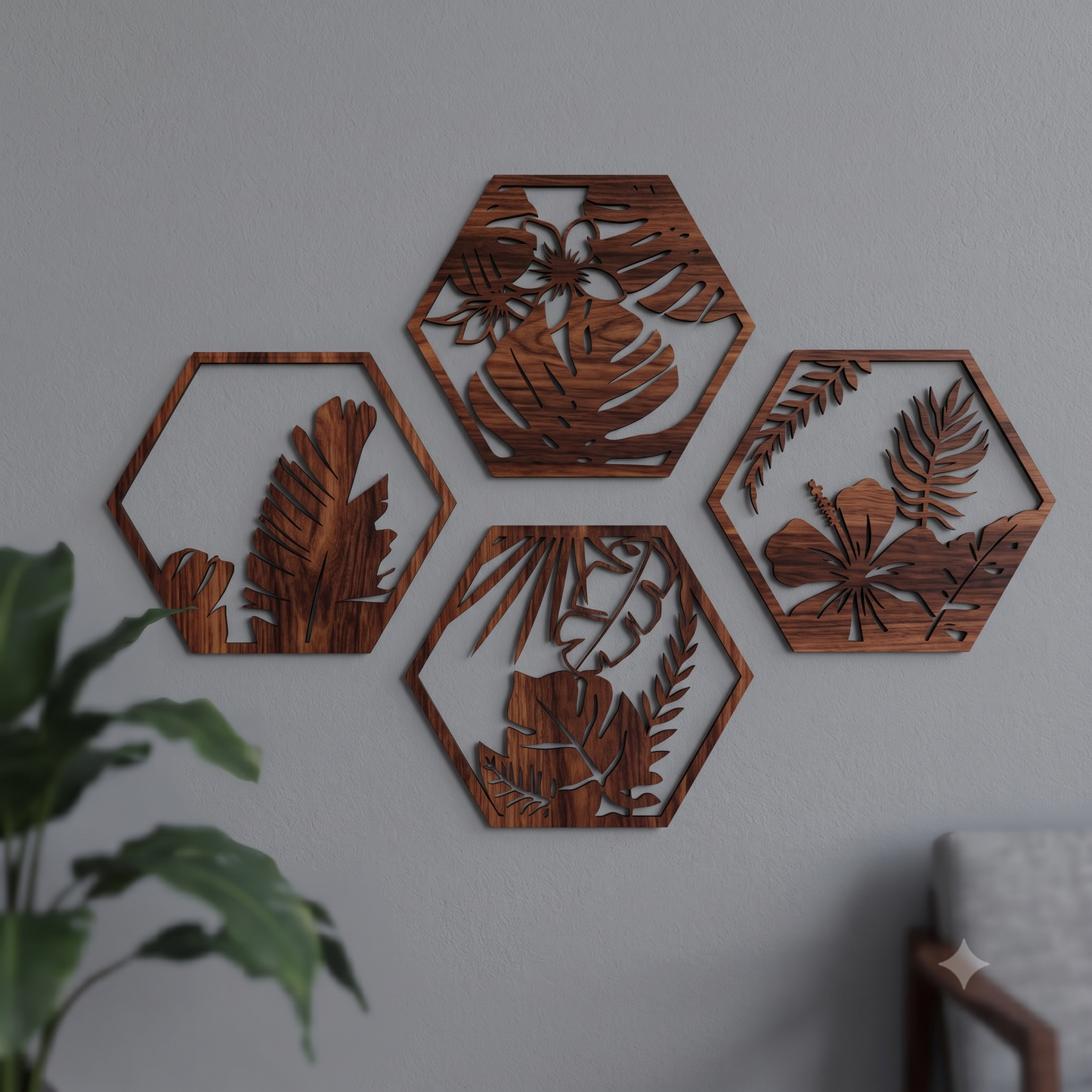 Tropical Botanical Leaves Hexagon 4-Piece Wall Hanging Set