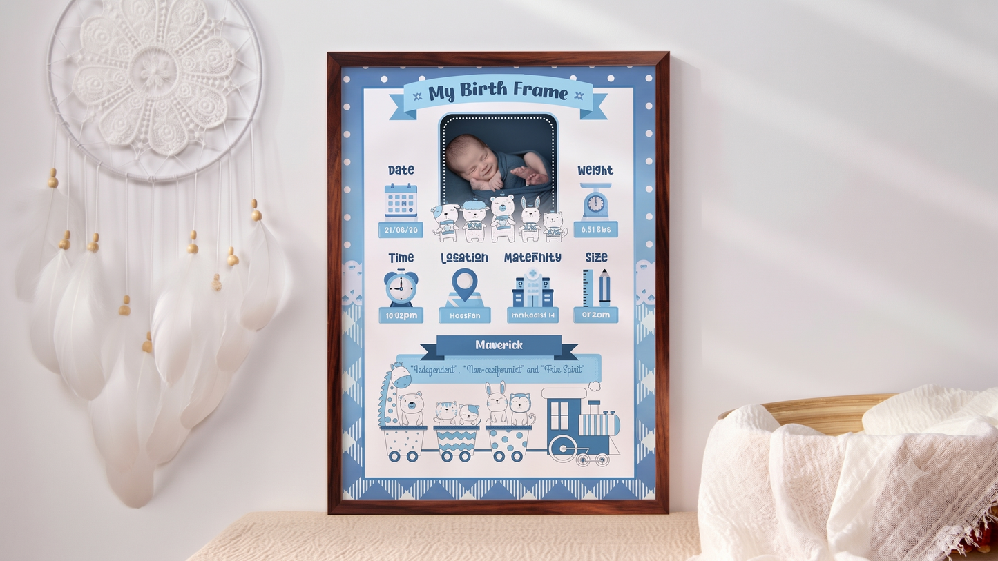 Personalised Newborn Baby Frame – Choo-Choo Animal Train