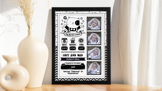 Personalised Newborn Baby Frame – Monochrome Kitty Collage