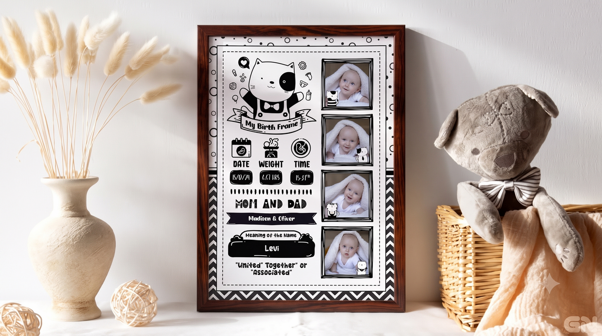 Personalised Newborn Baby Frame – Monochrome Kitty Collage