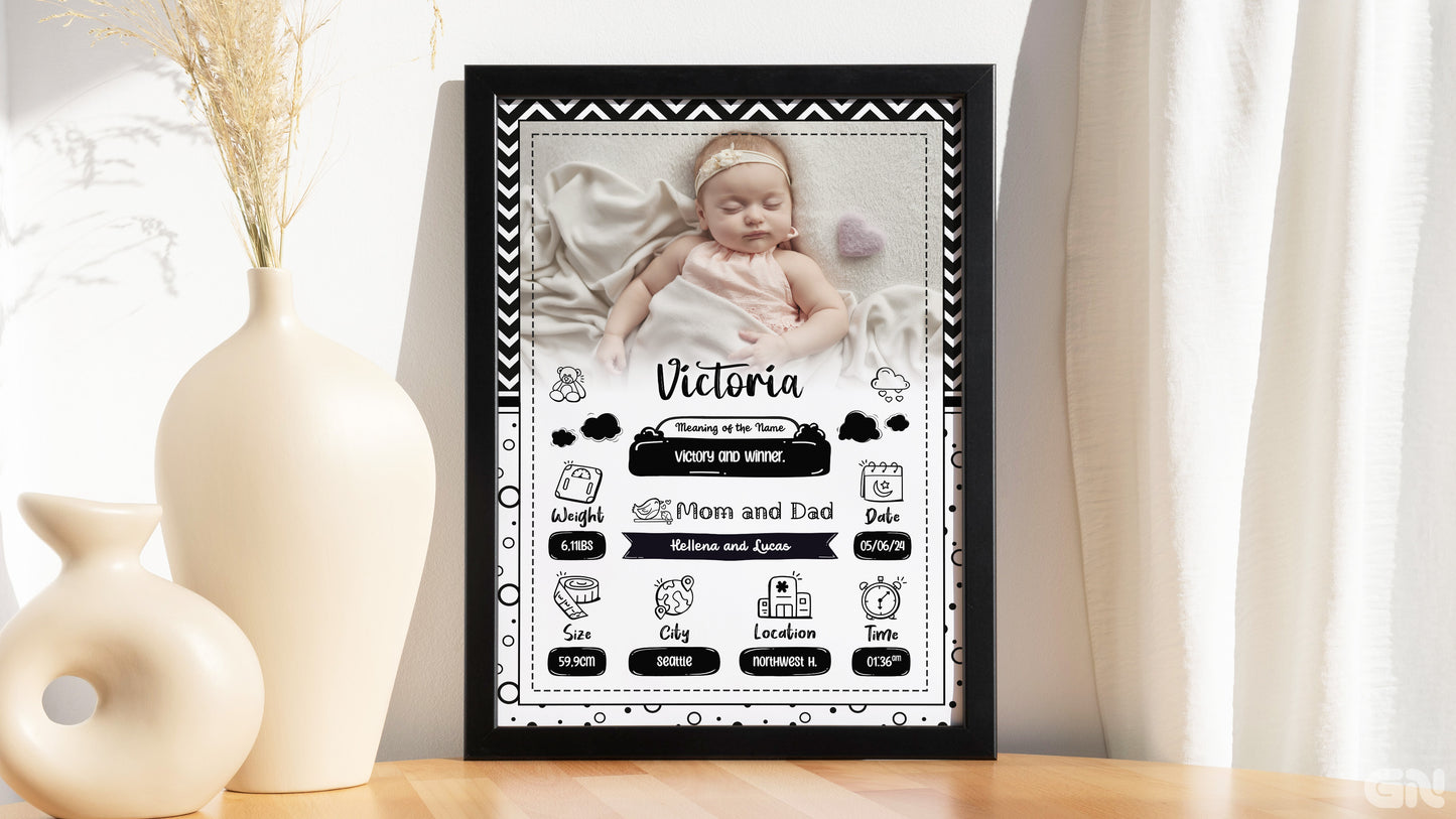 Personalised Newborn Baby Frame – Monochrome Doodle &amp; Chevron