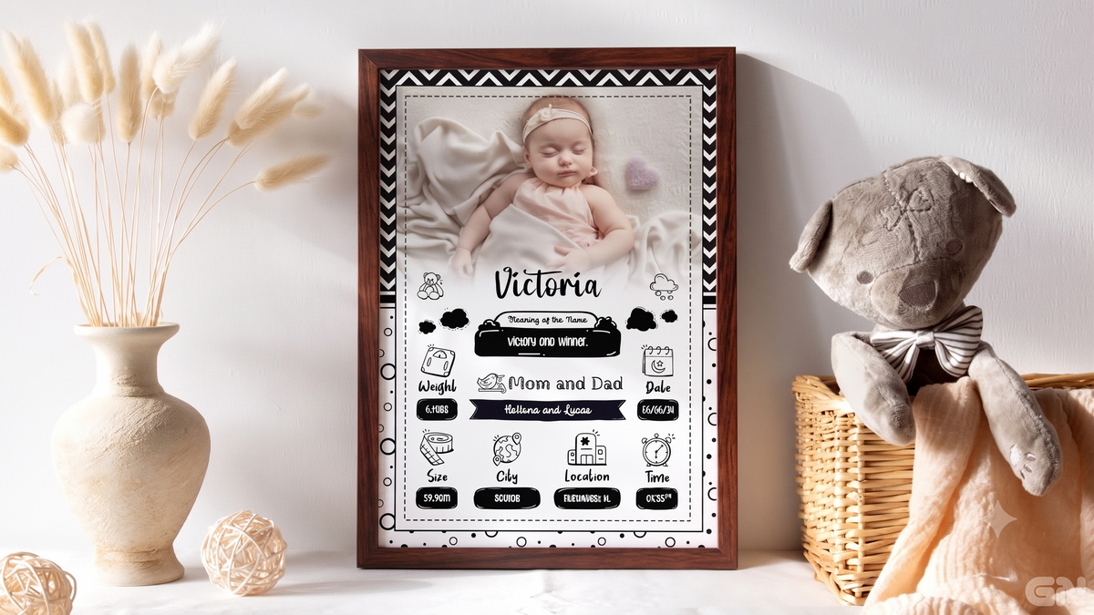 Personalised Newborn Baby Frame – Monochrome Doodle &amp; Chevron