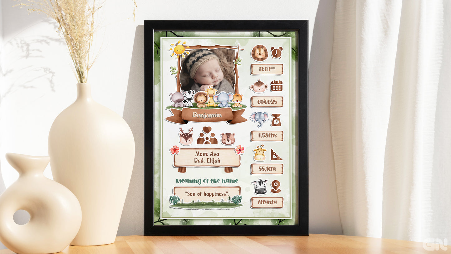 Personalised Newborn Baby Frame – Safari Jungle Friends