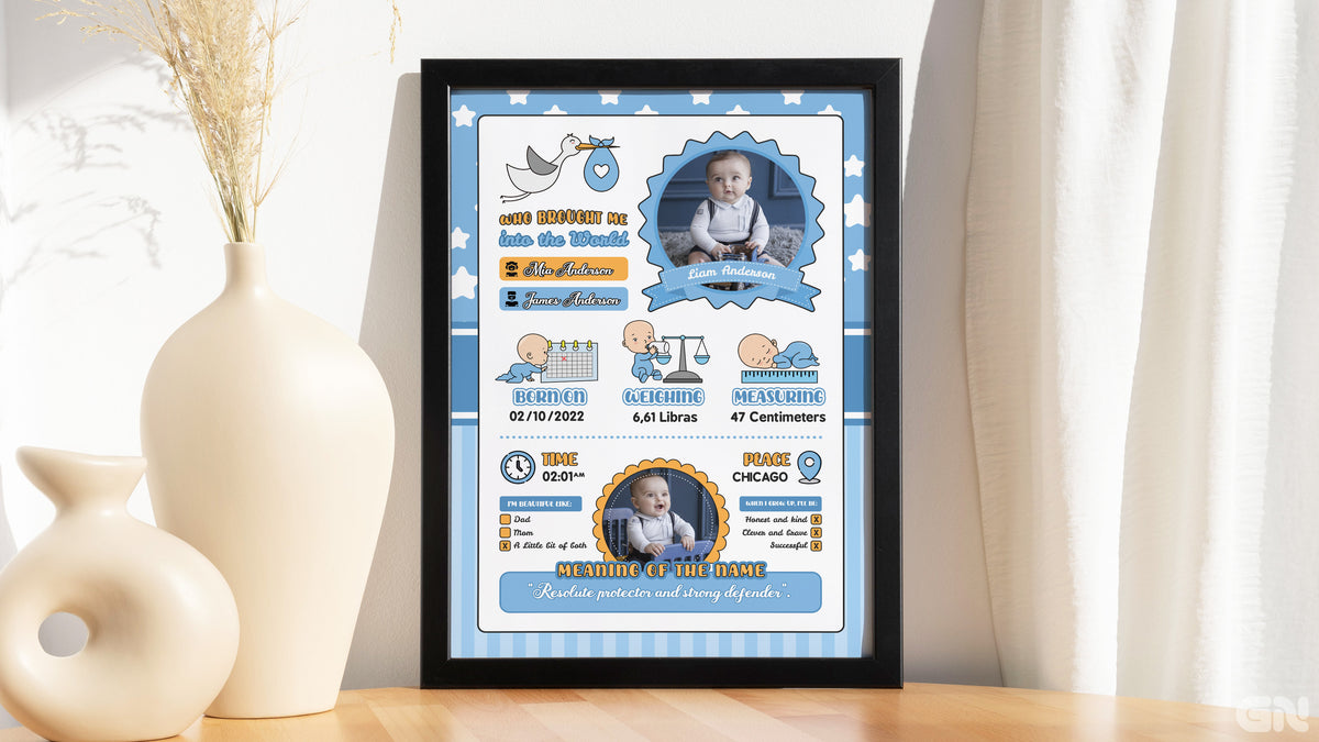 Personalised Newborn Baby Frame – Blue Stork &amp; Stars