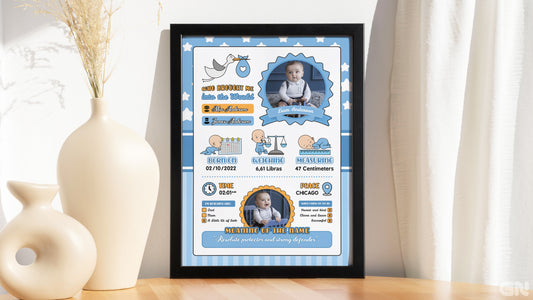 Personalised Newborn Baby Frame – Blue Stork &amp; Stars