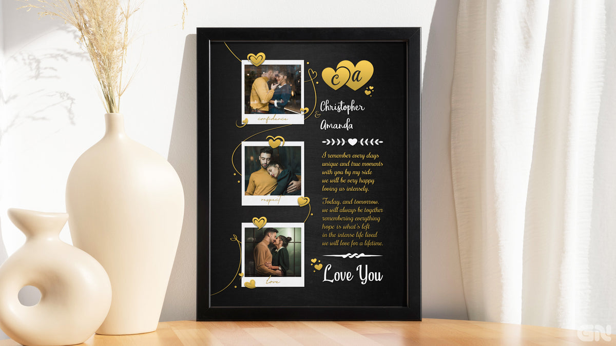 Personalised Couple Love Frame – Gold Hearts & Polaroid Vows