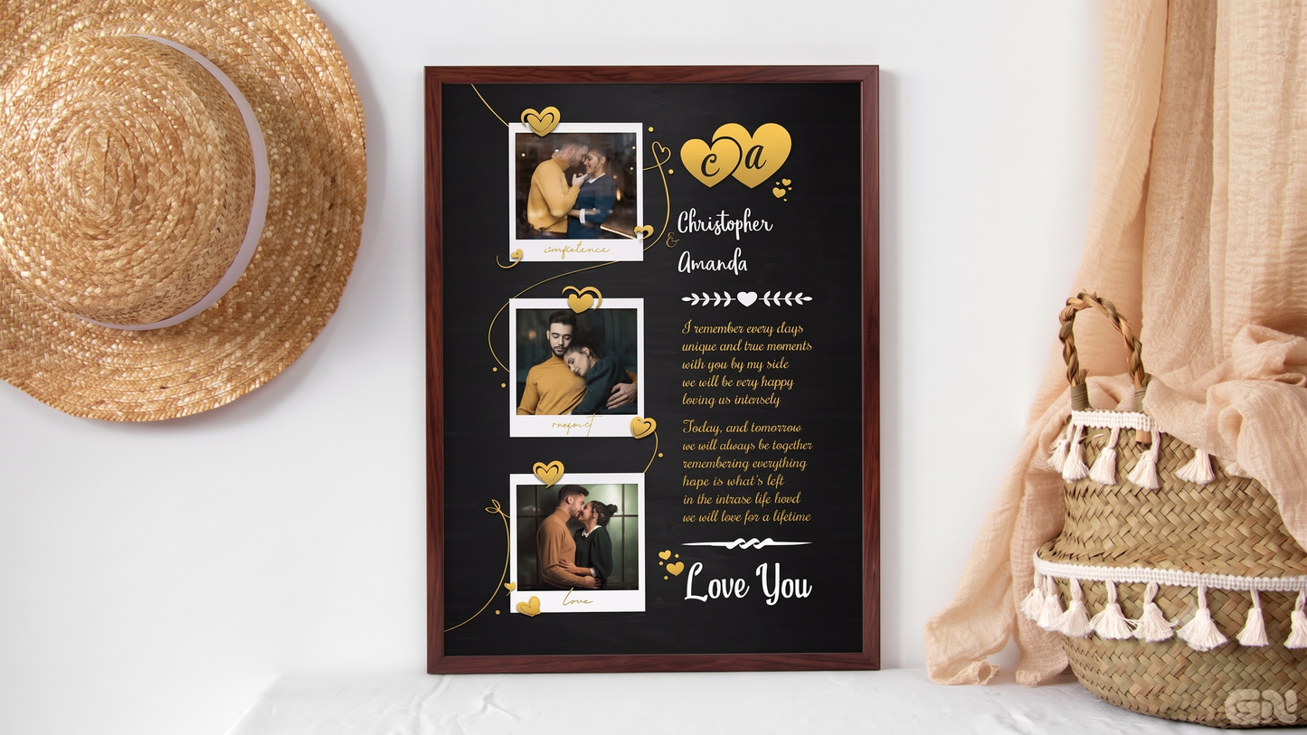 Personalised Couple Love Frame – Gold Hearts & Polaroid Vows