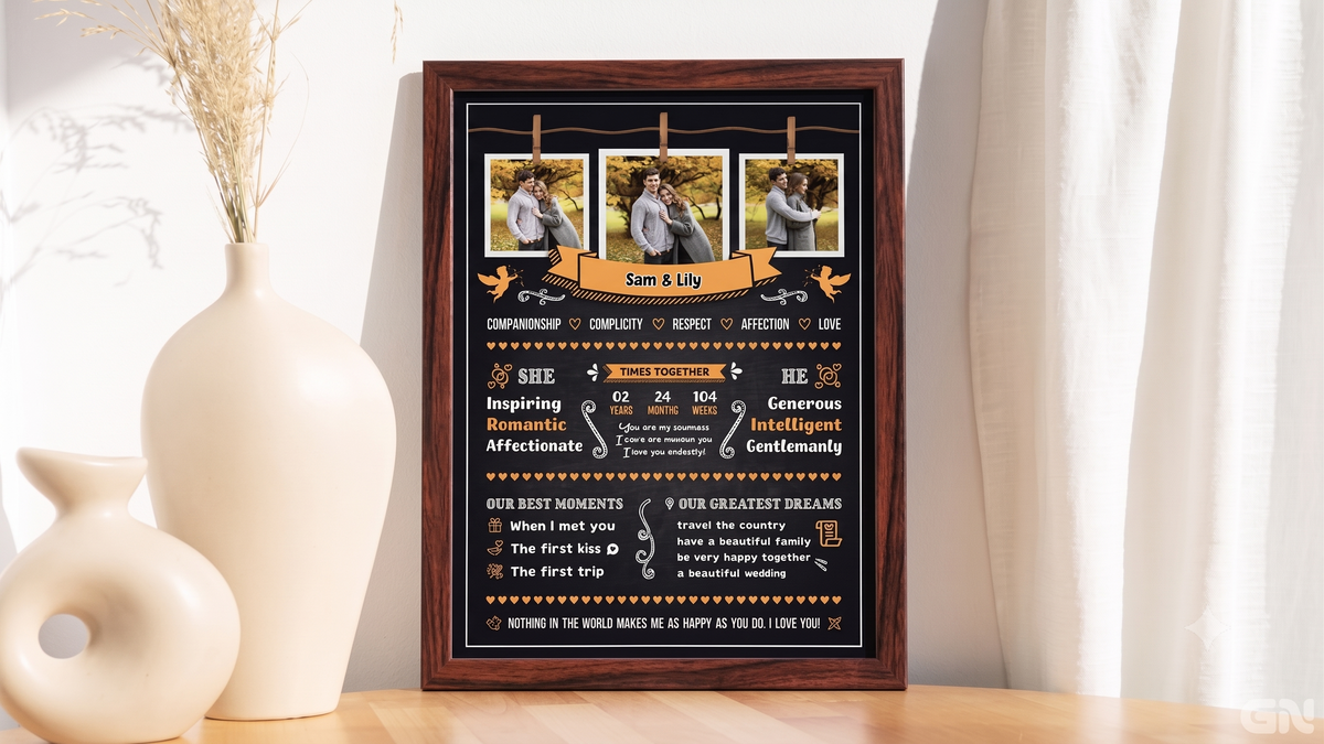 Personalised Couple Love Story Frame – Clothesline Polaroids &amp; Chalkboard Infographic