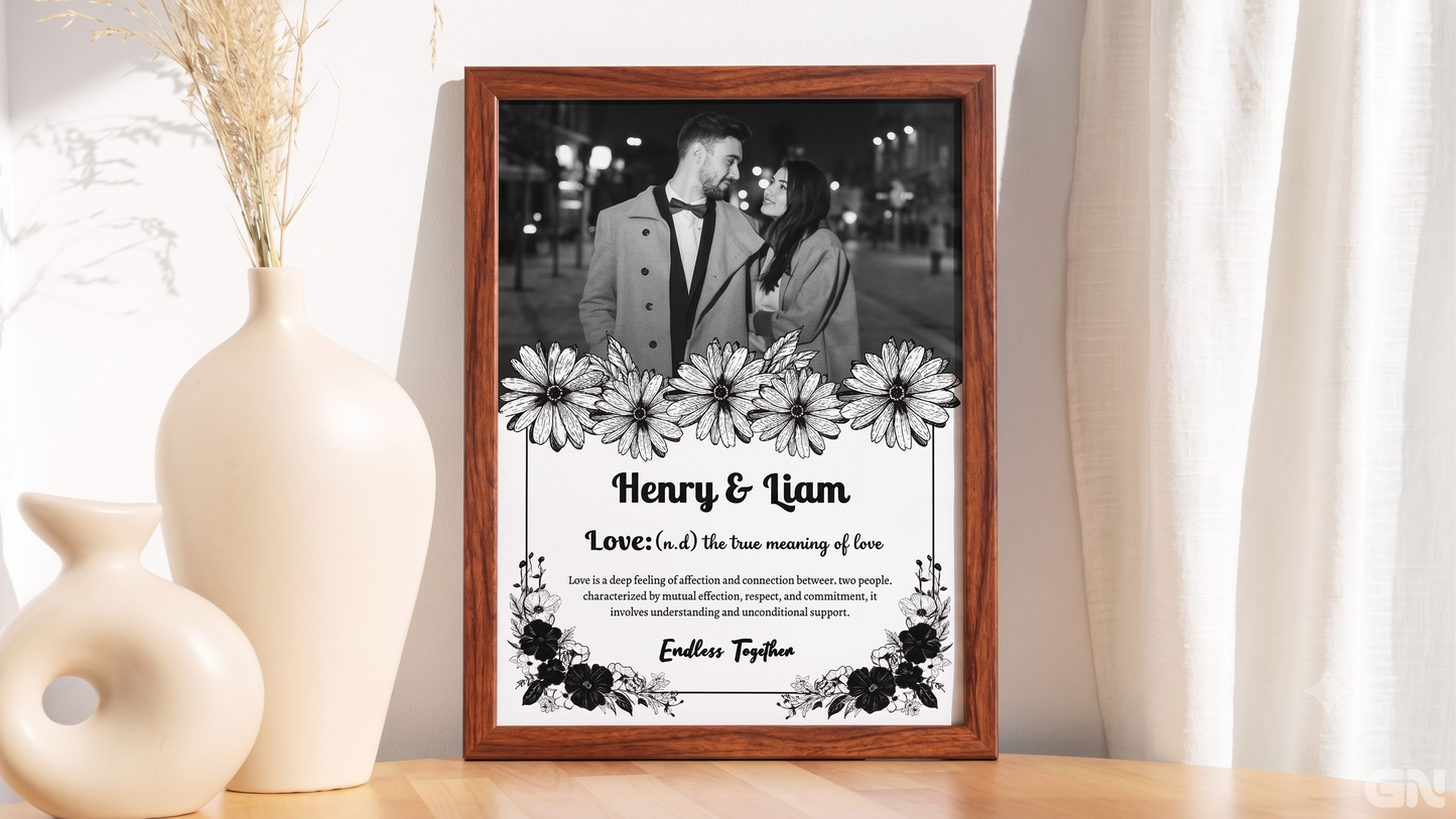 Personalised Couple Love Story Frame – Monochrome Botanical Definition