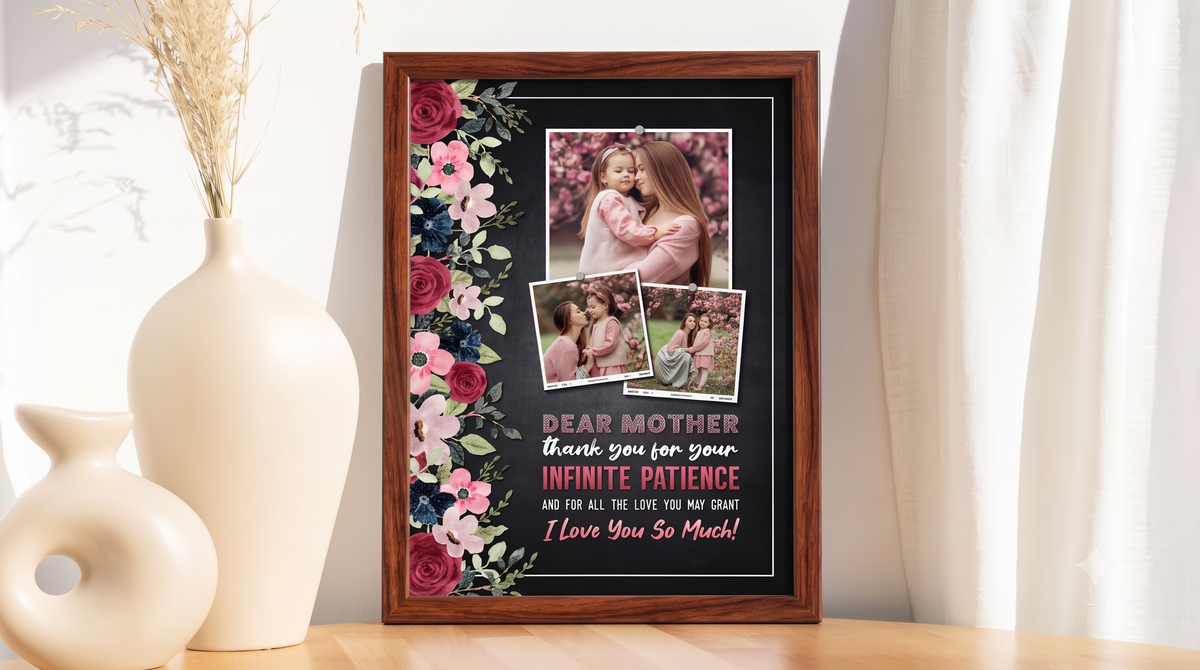 Personalised Mother's Day Frame – Burgundy Floral Cascade & Infinite Patience