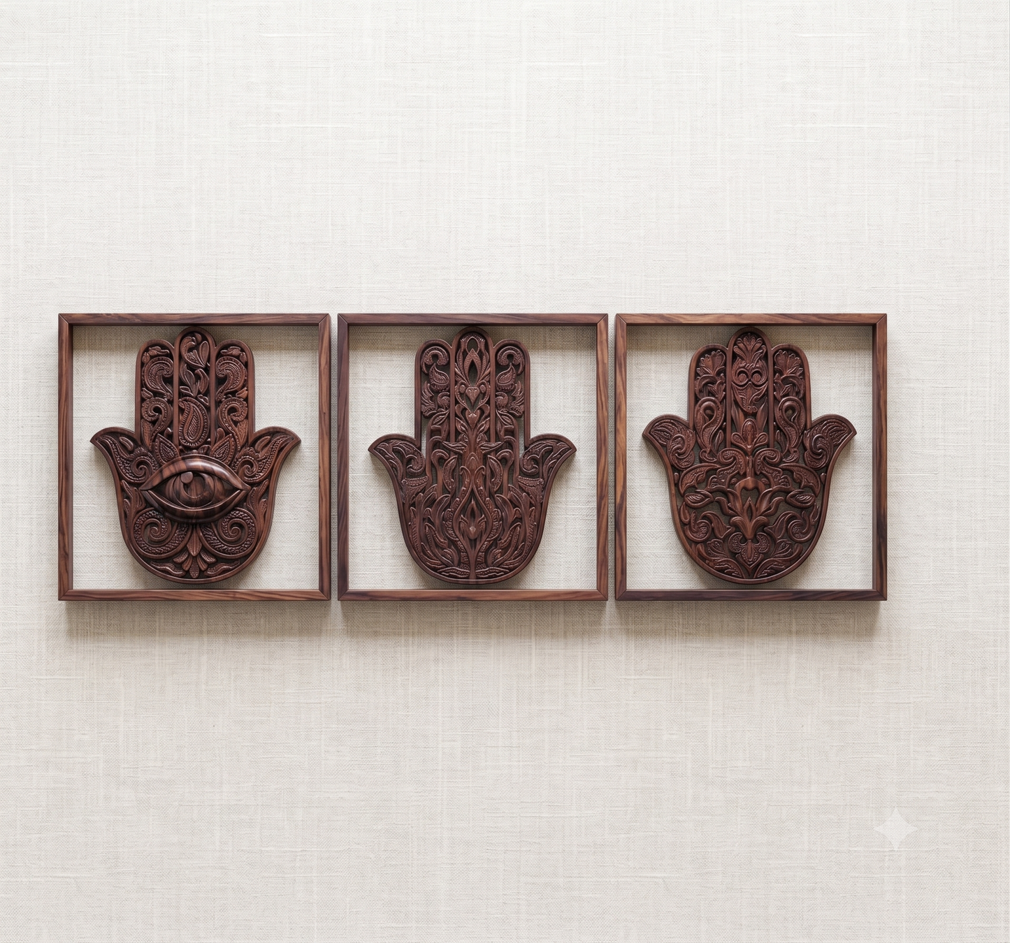 Sacred Hamsa Hand of Fatima 3-Piece Framed Wall Hanging Set