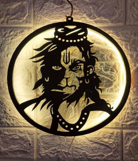 Lord Hanuman Wall Mounted LED Backlit Decorative MDF Art, Round Religious Wall Decor